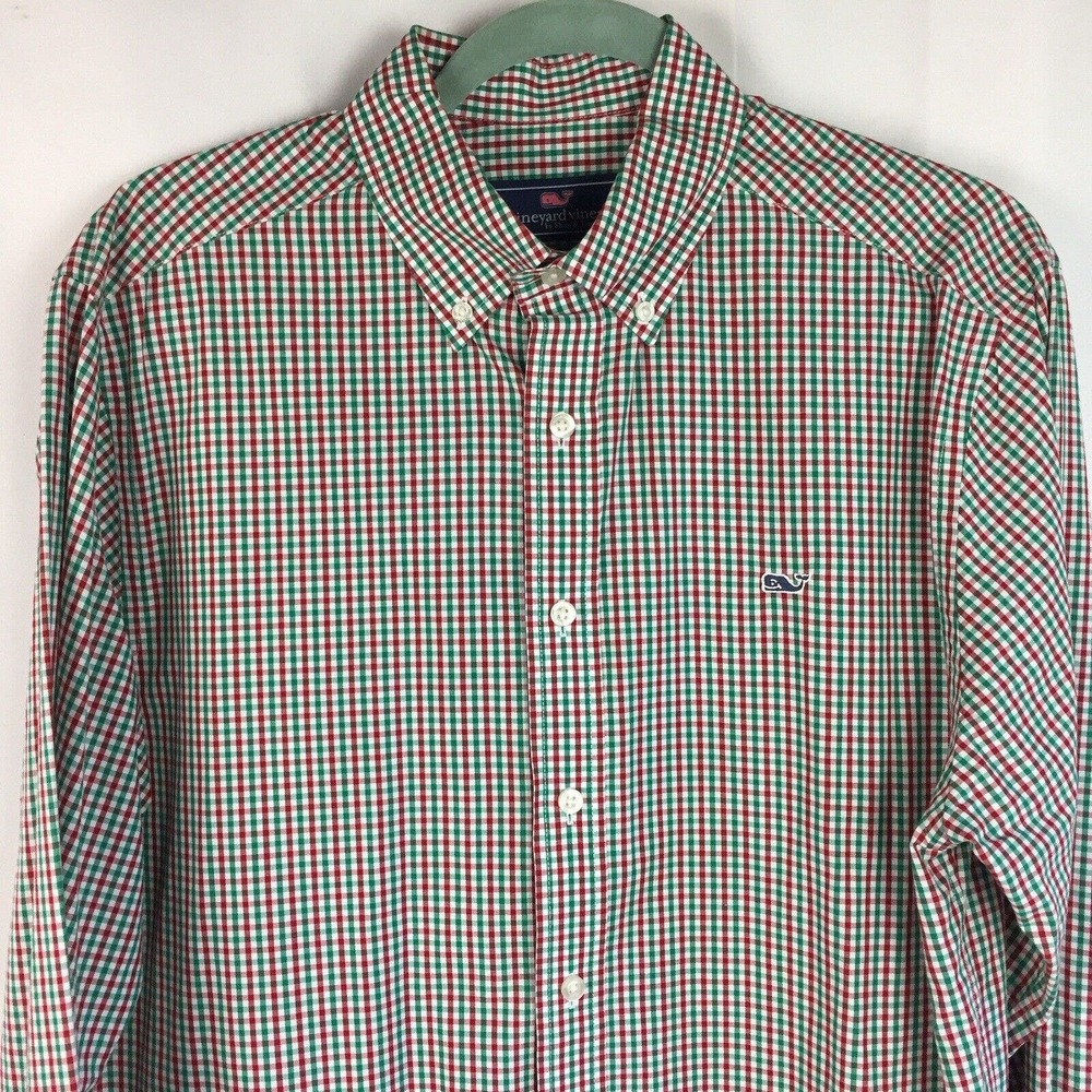 Vineyard Vines Mens Gingham Whale Shirt Size M 100% Cotton Long Sleeve 44" Chest